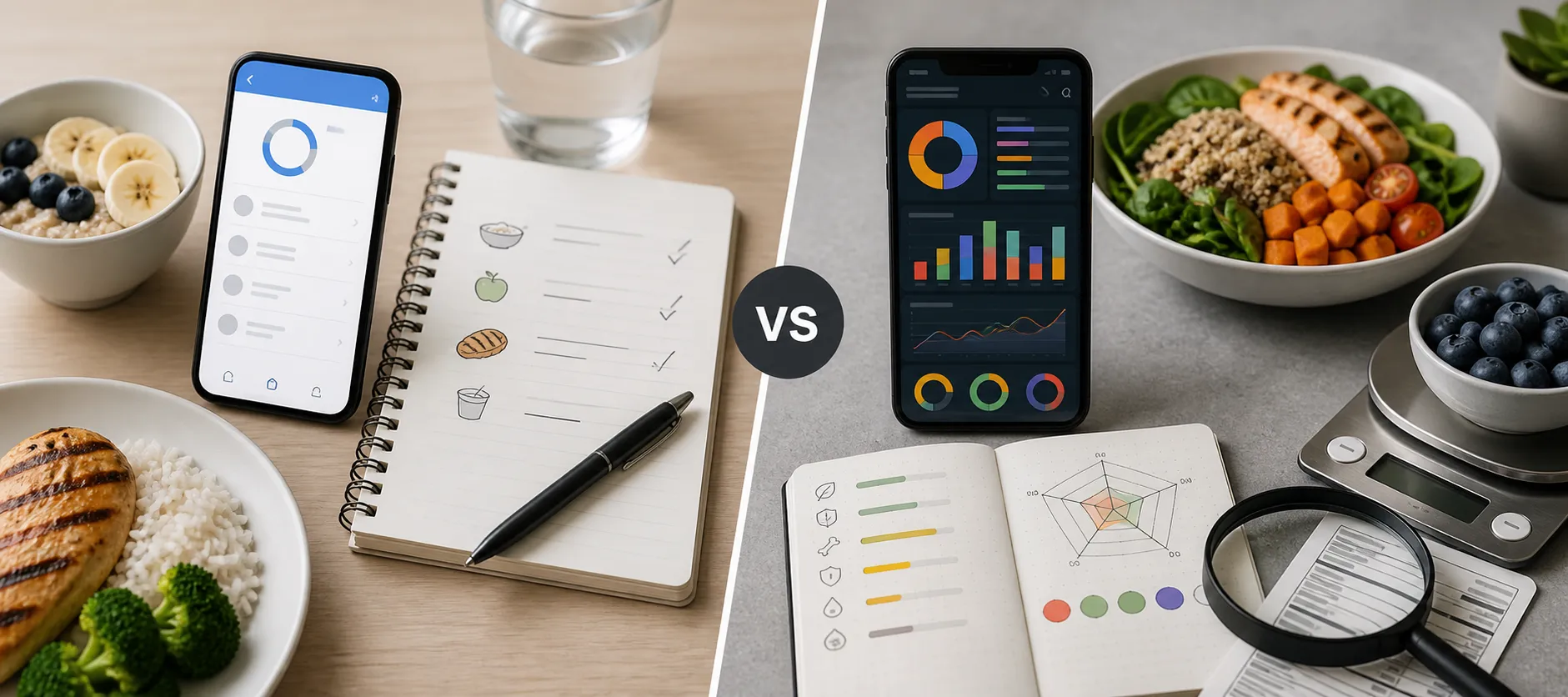 Split scene with a calorie log notebook and app on the left, and a nutrient dashboard app on the right.