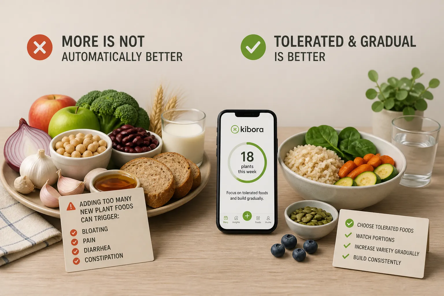 Tabletop with bowls of vegetables, beans, grains and fruit beside a phone showing 18 plants this week.