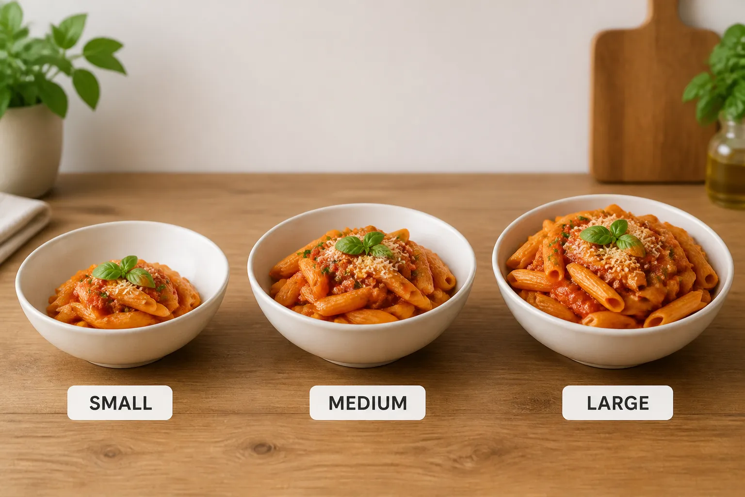 Three bowls of pasta labeled small, medium, and large on a wooden table.