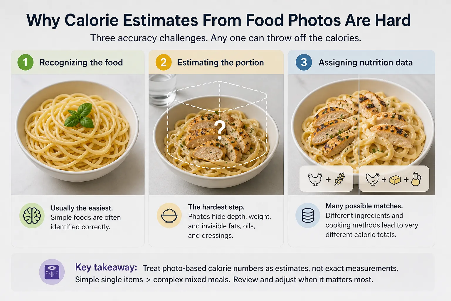 Three-panel graphic showing pasta bowls to explain calorie estimation challenges: food recognition, portion size, and nutrition data.