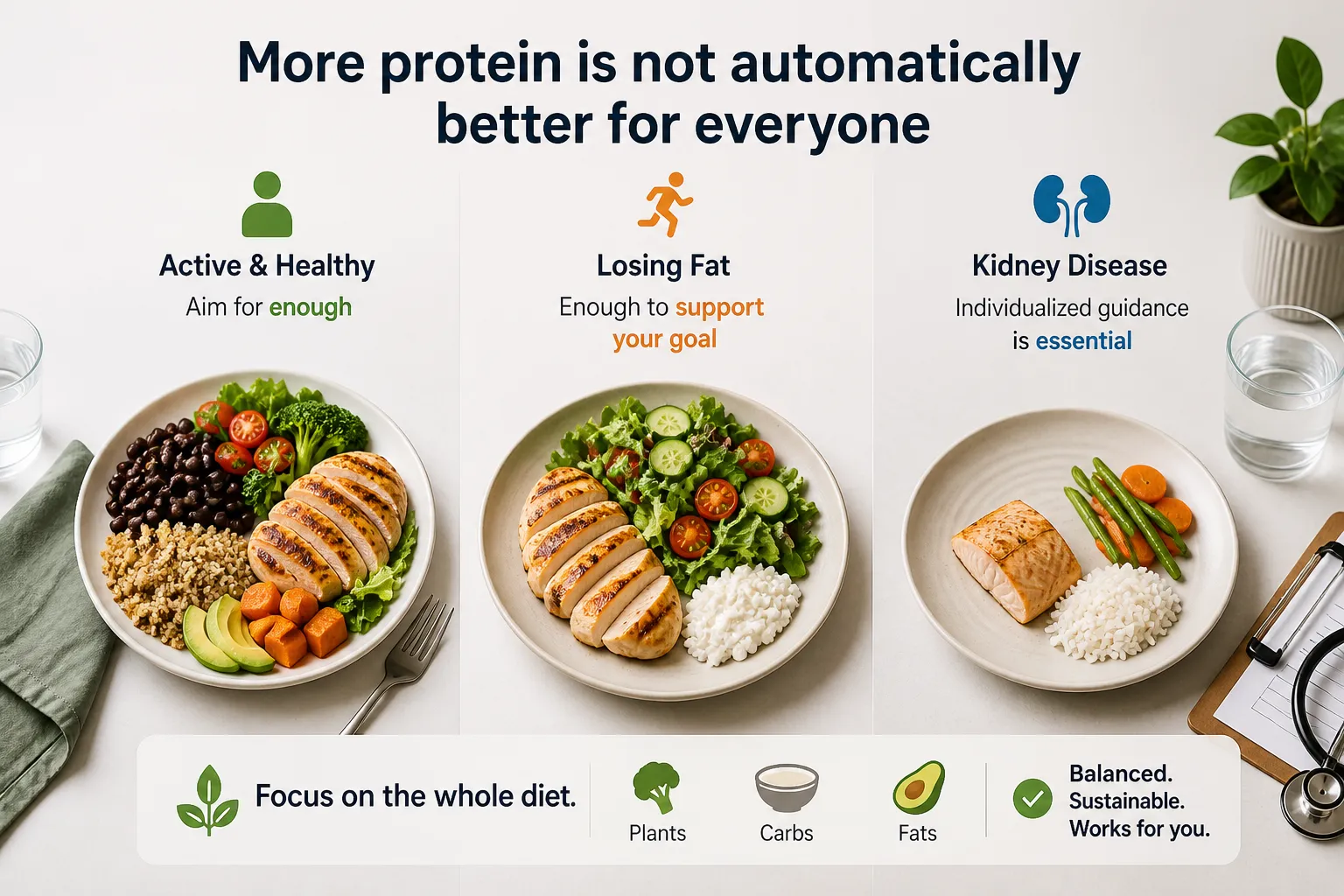 Protein portion examples for different needs Three plated meals with different protein portions under headings for active, fat loss, and kidney disease.