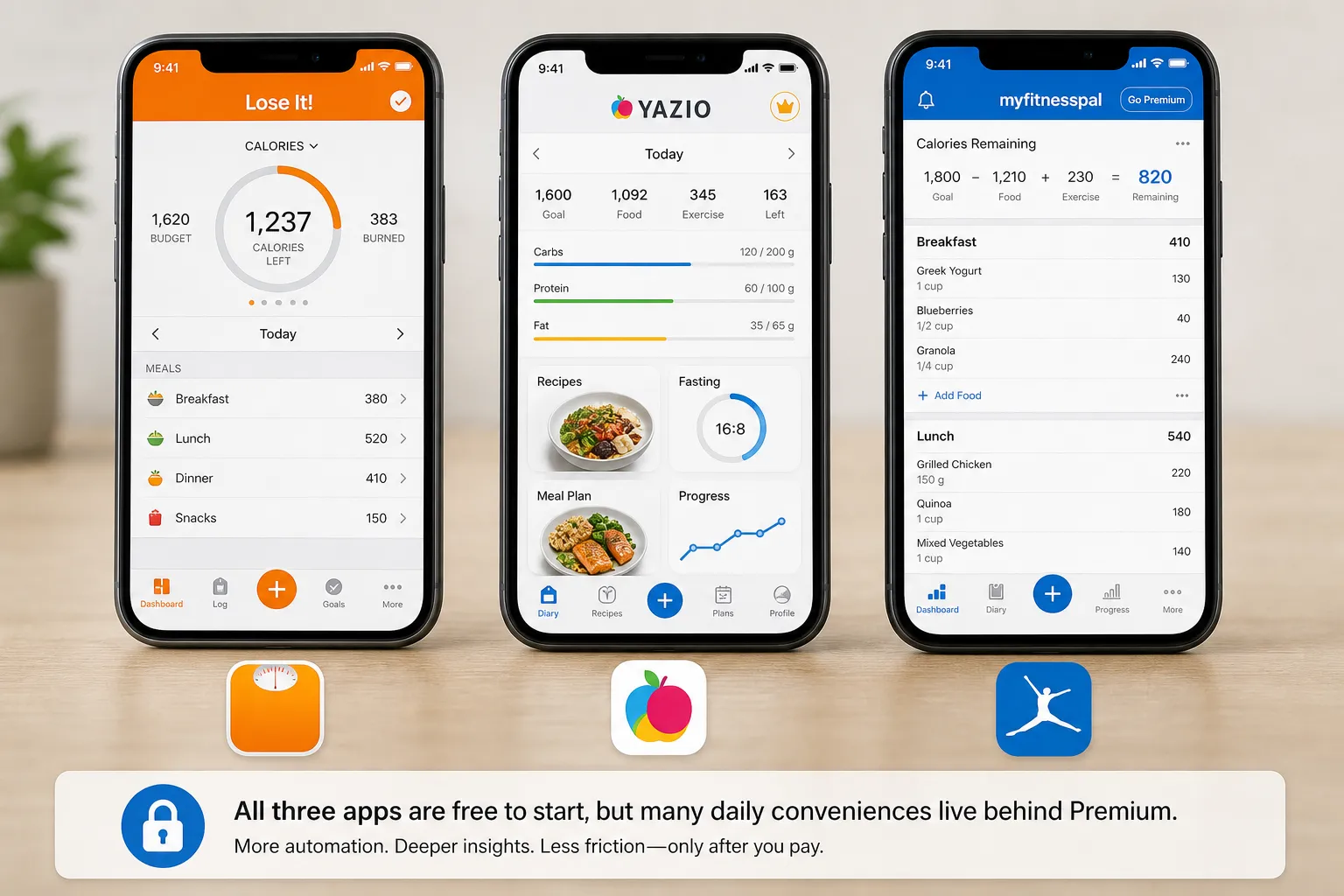 Three smartphones show calorie-tracking app dashboards for Lose It!, YAZIO, and MyFitnessPal.