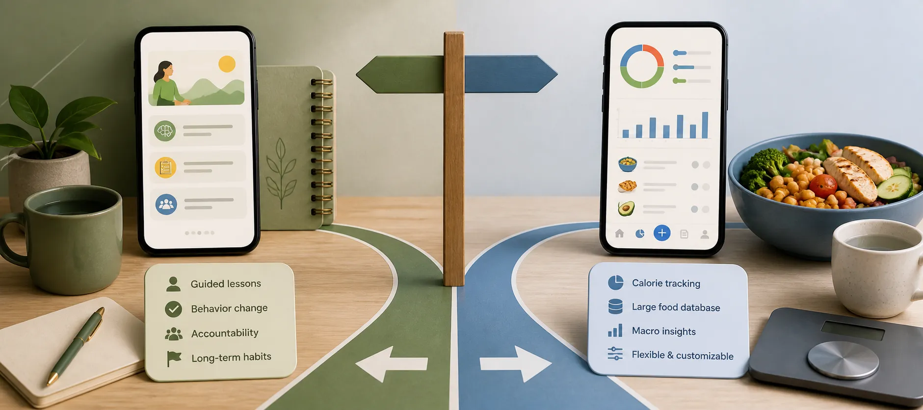 Two smartphones face a split path: guided lessons on the left and calorie tracking on the right.