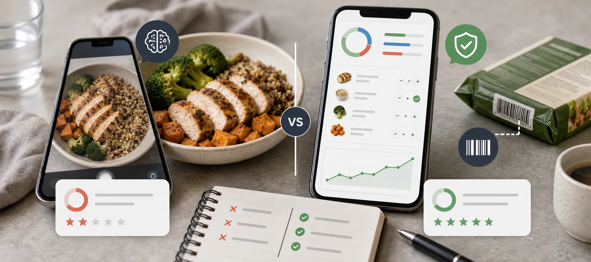 Two smartphones show a meal photo and nutrition tracking screens beside a barcode package and notebook.