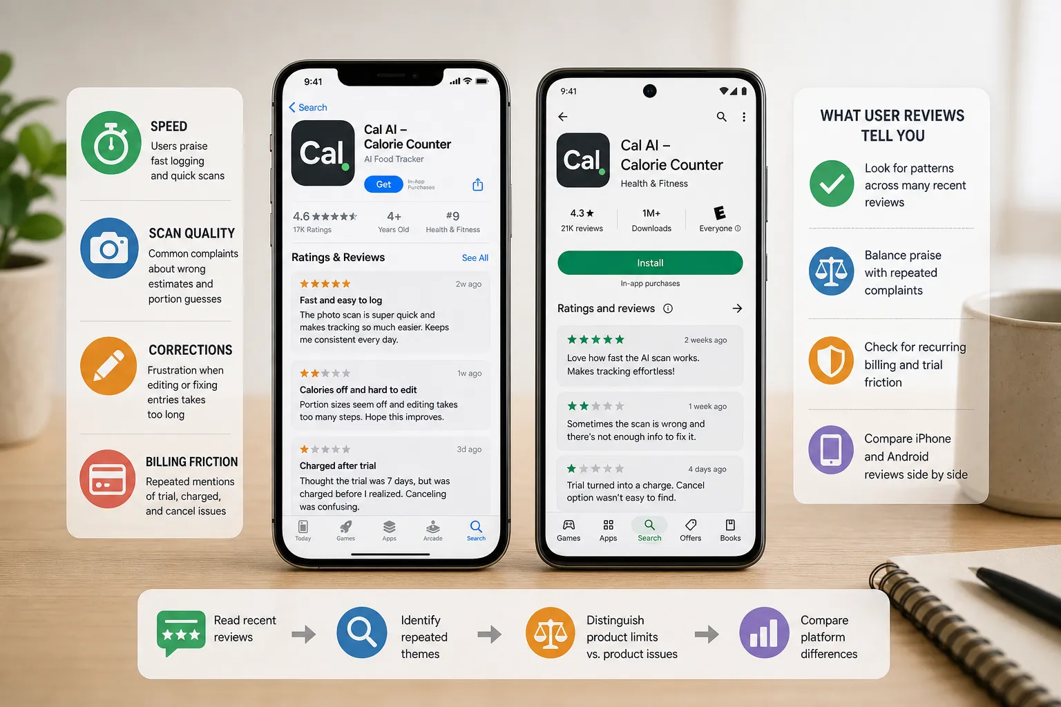 Two smartphones show Cal AI app store reviews with side panels summarizing speed, scan quality, corrections, and billing issues.