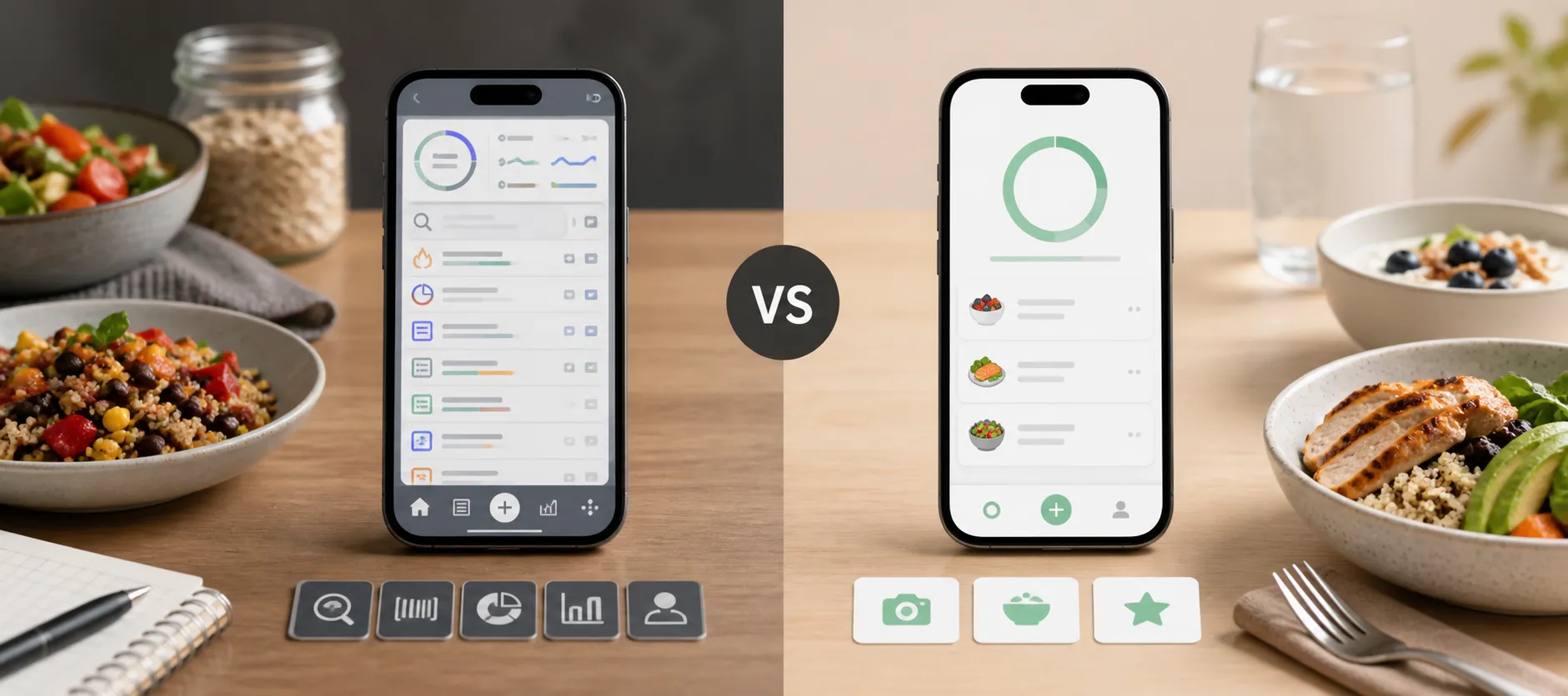Two smartphones show calorie-tracking app screens beside bowls of food with a “VS” badge between them.