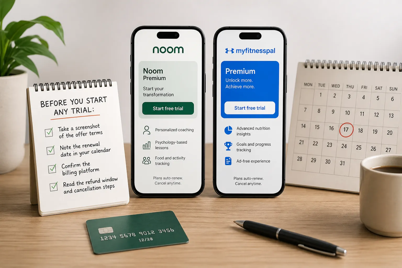 Two smartphones show Noom and MyFitnessPal premium trial screens beside a checklist, calendar, and credit card.