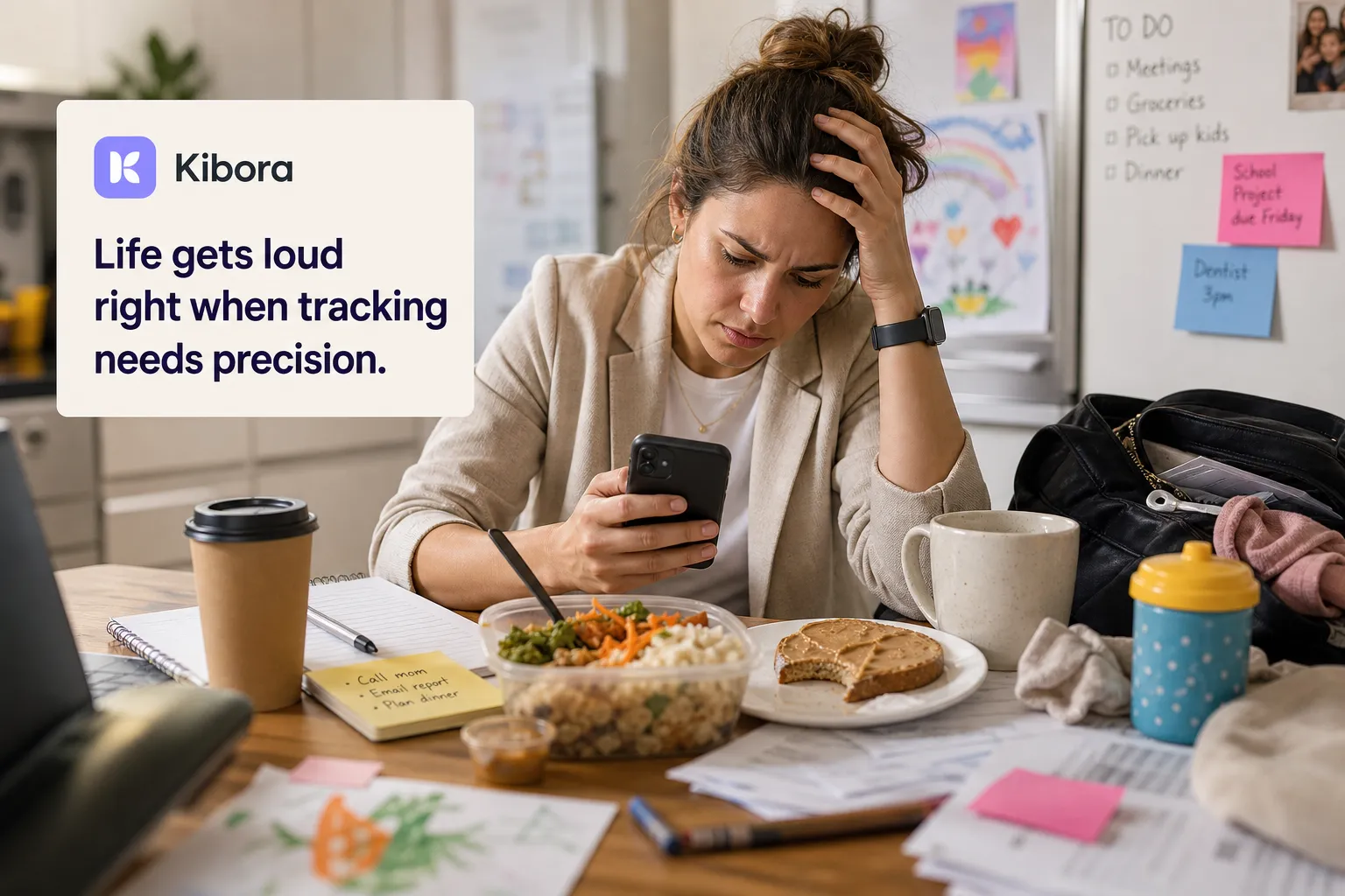 Woman at a cluttered table looking at her phone with a hand on her head, surrounded by food and papers.