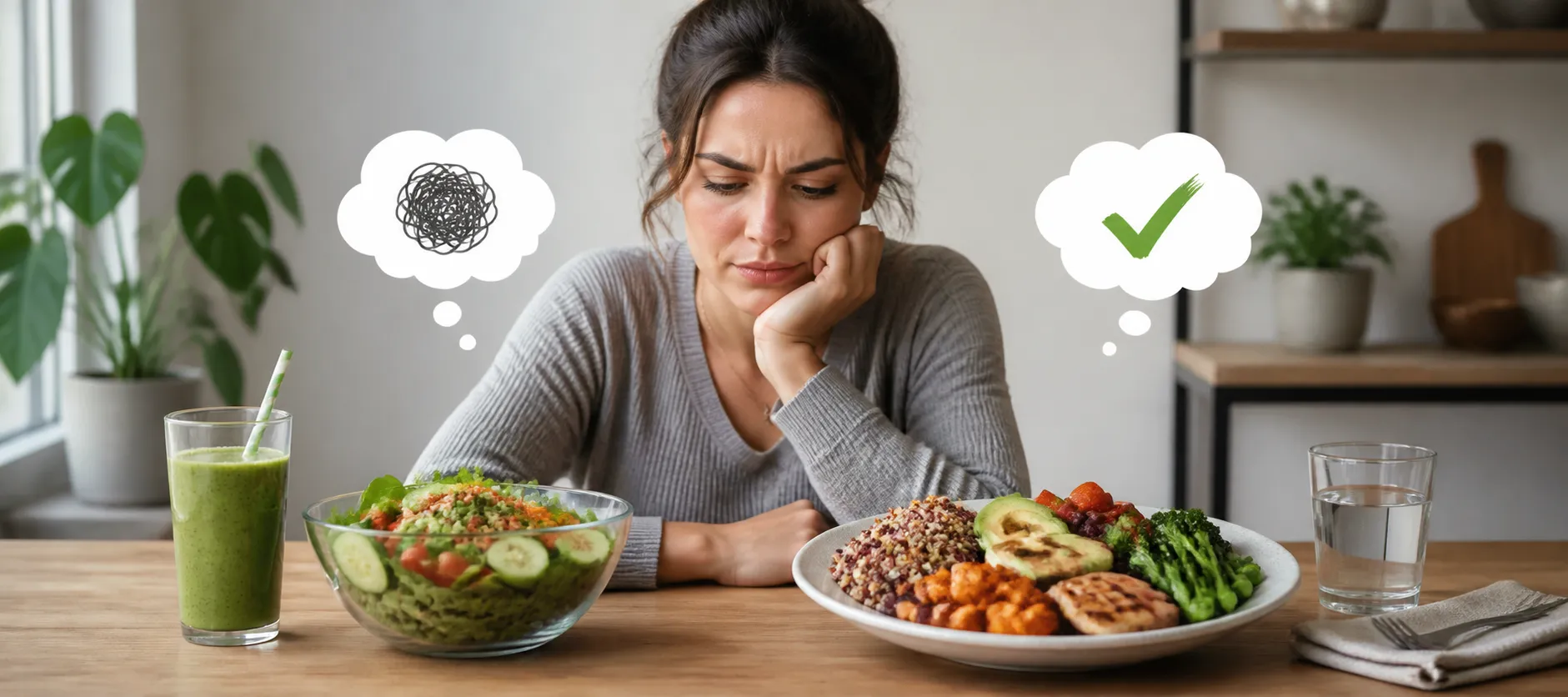 Woman looking frustrated at a table with a green smoothie, salad, and a fuller balanced plate.