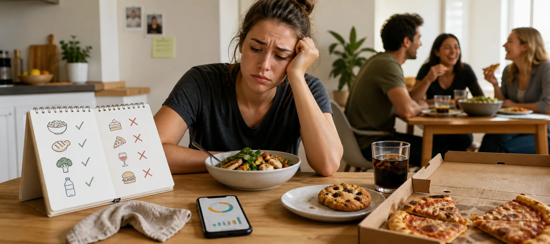 Woman looks stressed at a table with diet notes, salad, cookies, pizza, and a phone tracker.