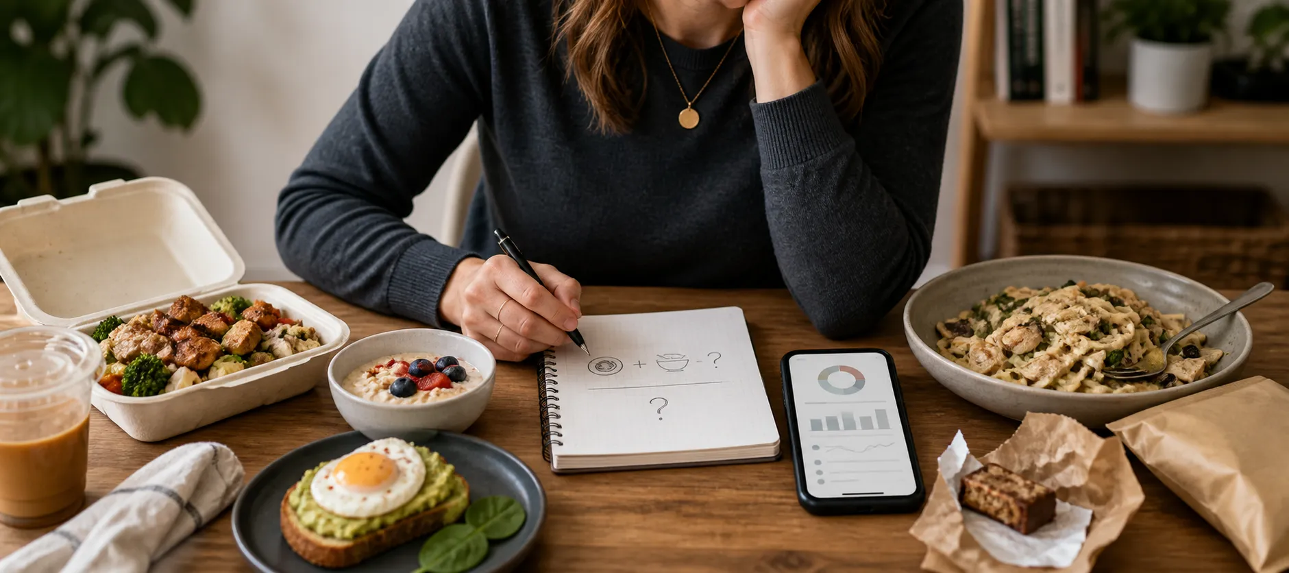 Woman writing in a notebook beside several meals, snacks, and a calorie-tracking phone app.