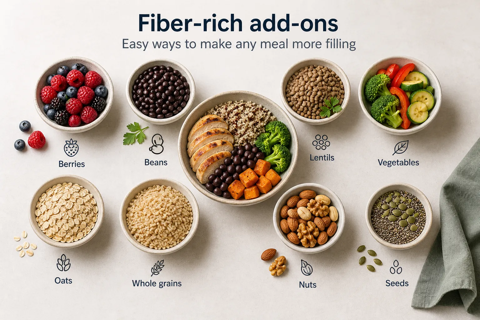 Fiber-rich add-ons in bowls Bowls of berries, beans, lentils, vegetables, oats, whole grains, nuts, and seeds on a light surface