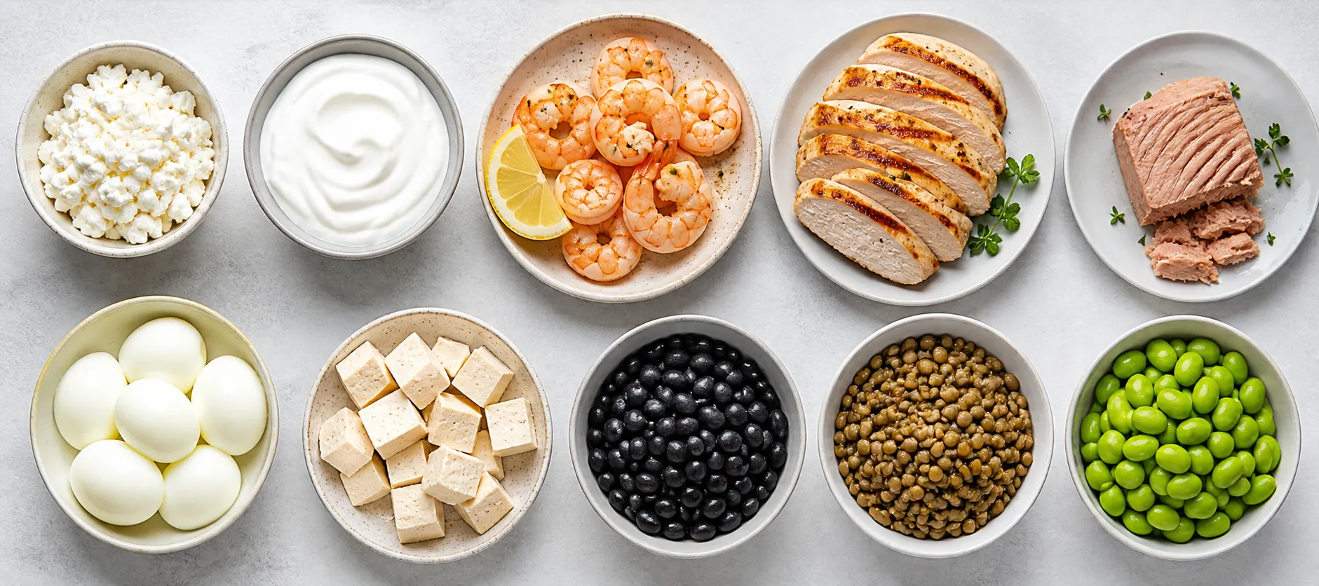 Bowls of cottage cheese, yogurt, shrimp, chicken, tuna, eggs, tofu, black beans, lentils, and edamame on a light surface