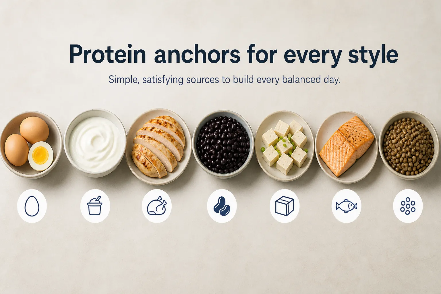 Bowls of eggs, yogurt, chicken, black beans, tofu, salmon, and lentils with icons below