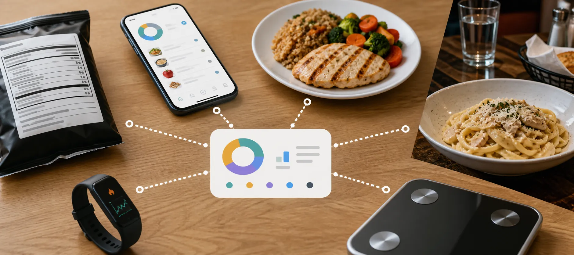Calorie tracking concept with a nutrition label, phone app, meal plates, fitness watch, and body scale