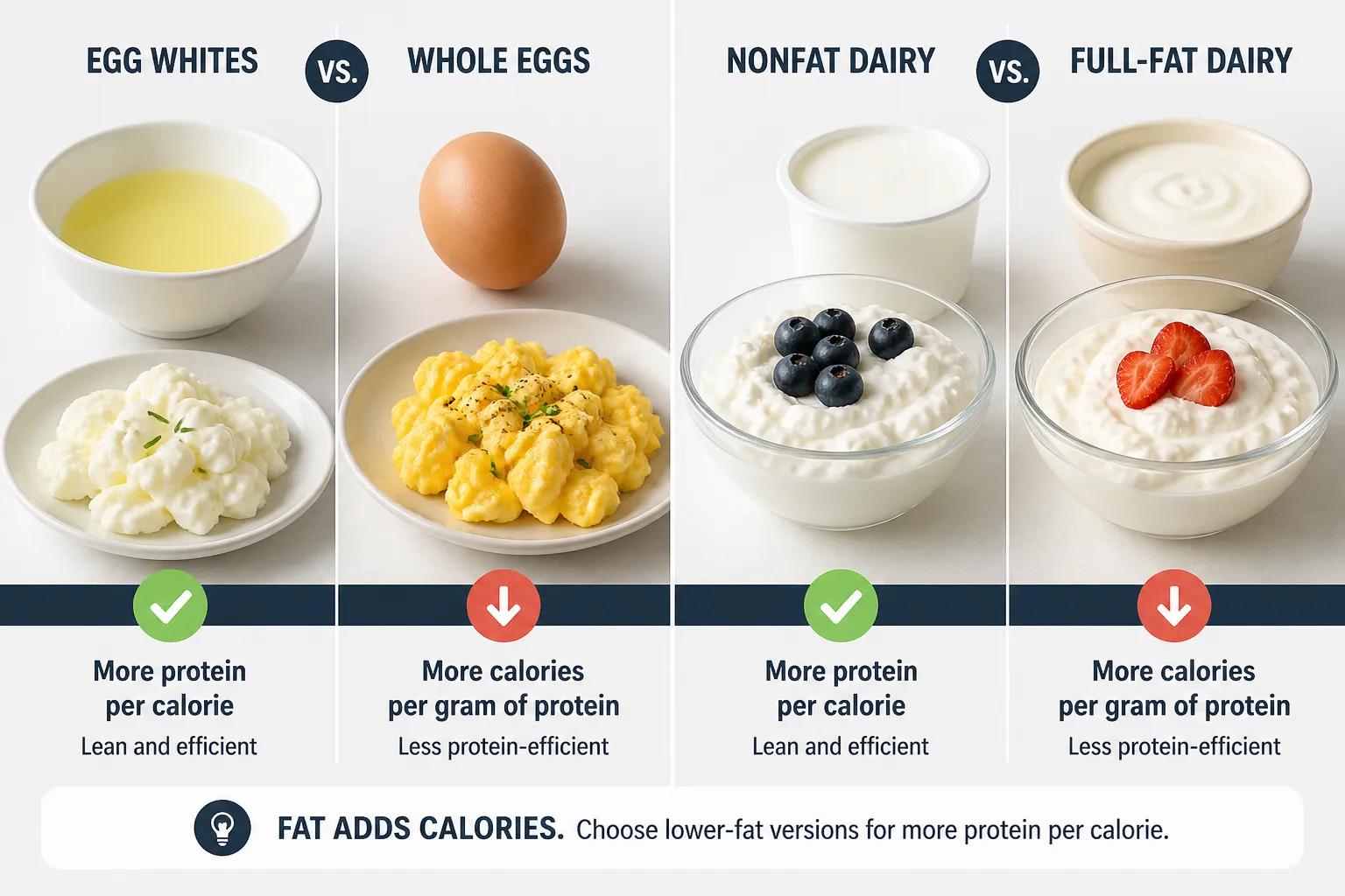 Egg whites and dairy compared with higher-fat versions Chart comparing egg whites vs whole eggs and nonfat dairy vs full-fat dairy with bowls and plates of each