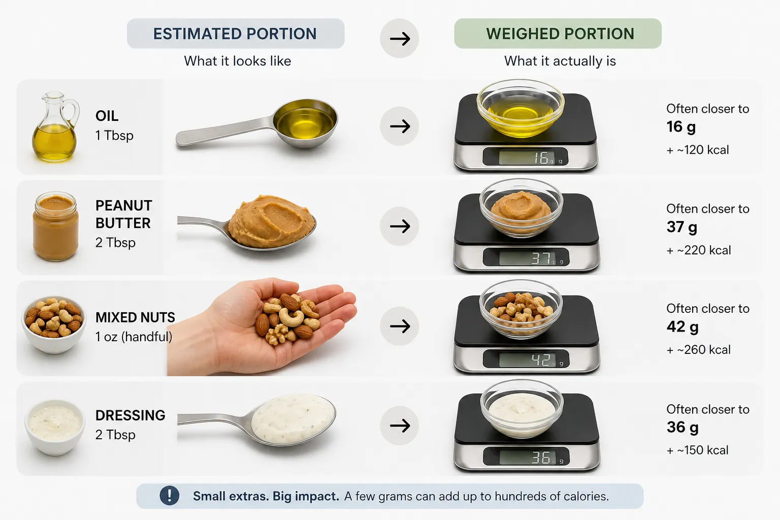 Chart comparing estimated portions with weighed portions for oil, peanut butter, mixed nuts, and dressing.