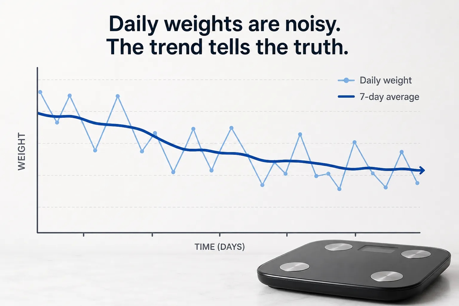 Daily weight trend chart with digital scale Chart showing fluctuating daily weight, a downward 7-day average line, and a digital scale.