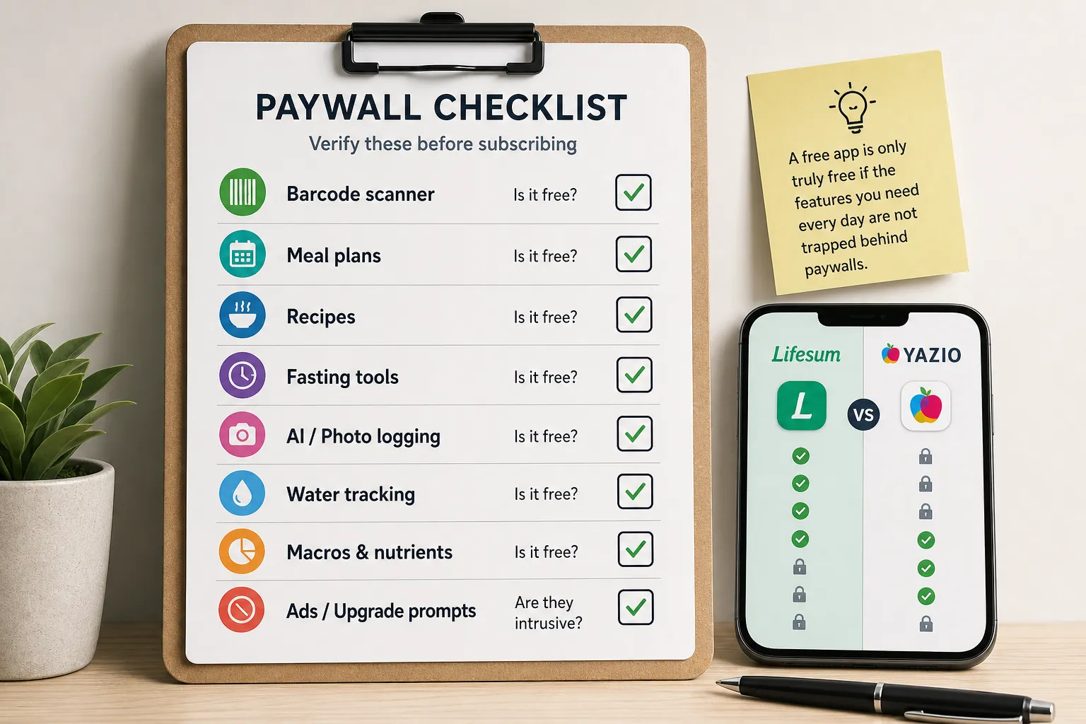 Paywall checklist with Lifesum and YAZIO comparison Clipboard checklist comparing free features and a phone showing Lifesum vs YAZIO.