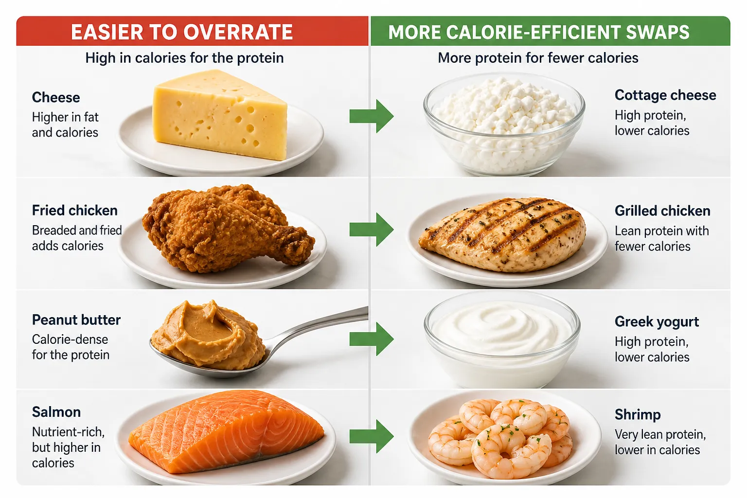 High-protein foods compared with lower-calorie swaps Comparison chart showing cheese, fried chicken, peanut butter, and salmon versus cottage cheese, grilled chicken, Greek yogurt, and shrimp.