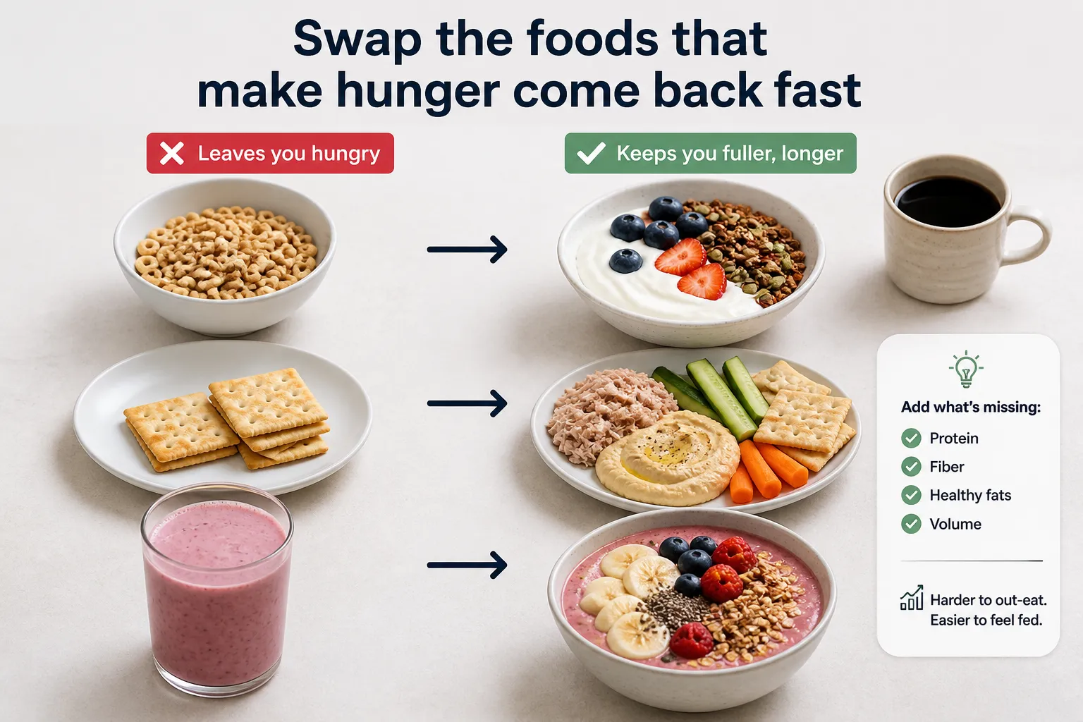 Comparison chart showing snack swaps: cereal, crackers, and smoothie replaced with yogurt bowls, hummus plate, and fruit bowl.