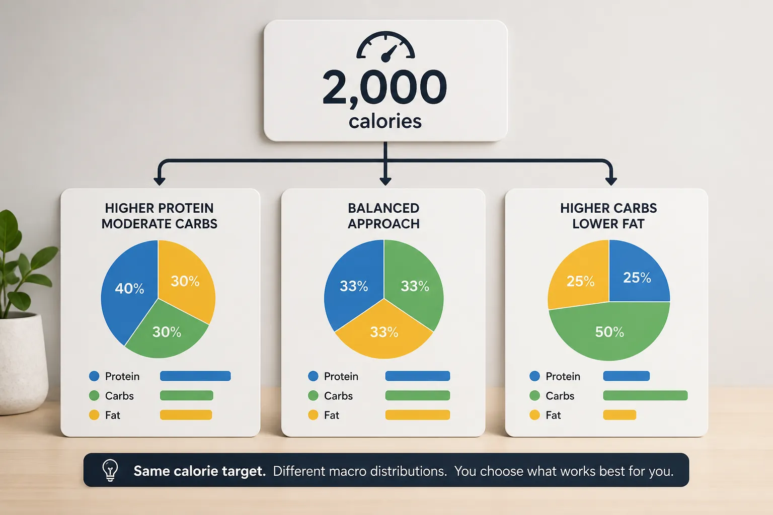 2,000-calorie macro split diagram Diagram showing 2,000 calories split into three macro options with pie charts for protein, carbs, and fat.