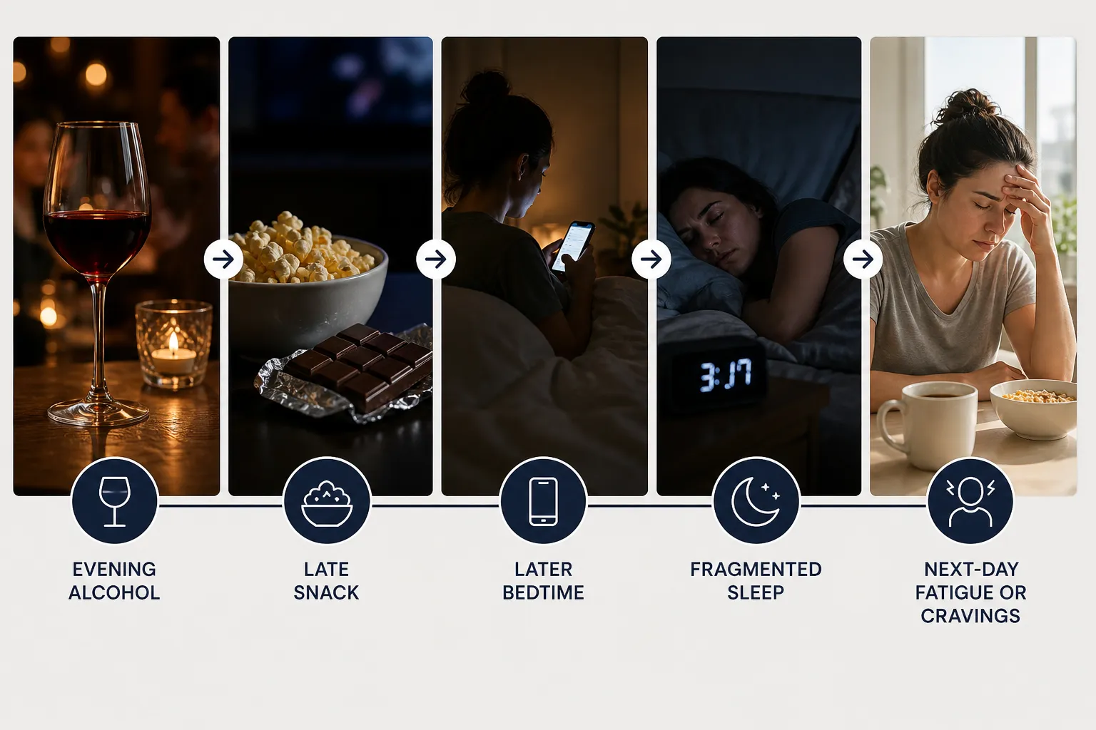 Evening alcohol to next-day fatigue infographic Five-panel infographic showing evening alcohol, late snack, later bedtime, fragmented sleep, and next-day fatigue