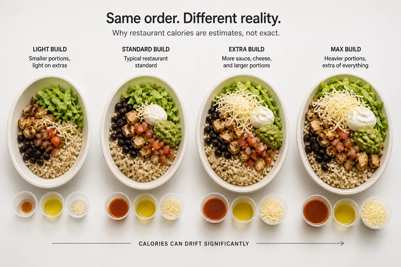 Four burrito bowls with different portion sizes, labeled light build through max build.