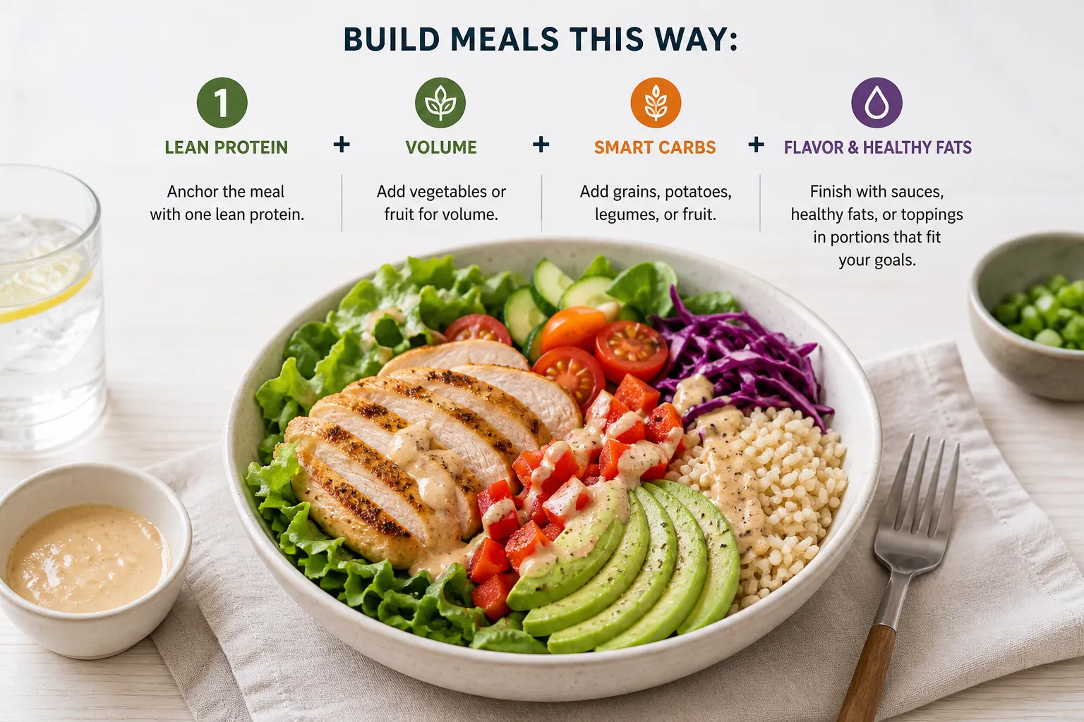 Chicken grain bowl with vegetables Grain bowl with sliced chicken, lettuce, avocado, tomatoes, cabbage, and dressing, with meal-building labels above.