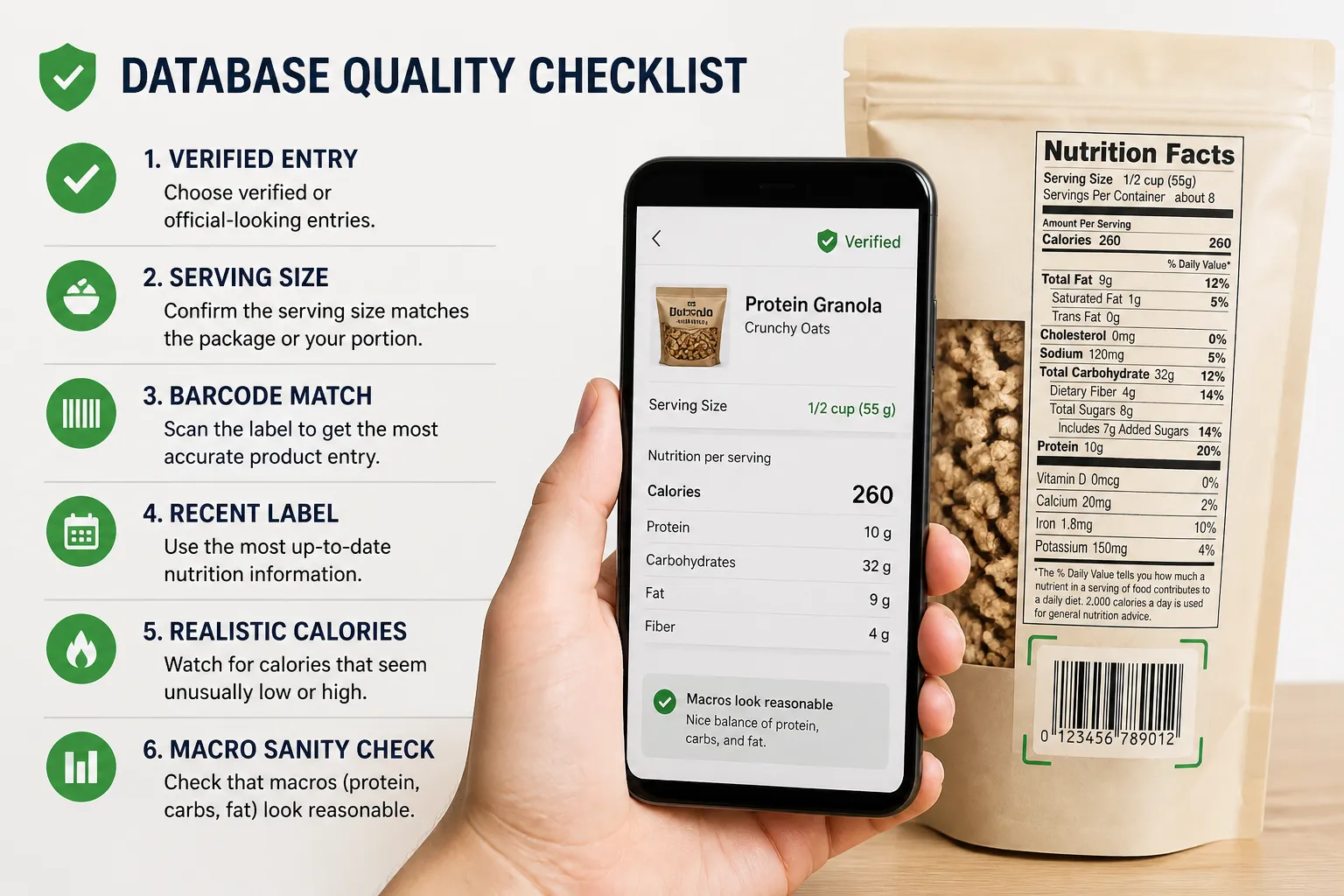 Nutrition label checklist with phone and granola bag Hand holding a phone showing a verified nutrition entry beside a granola bag and nutrition label checklist.