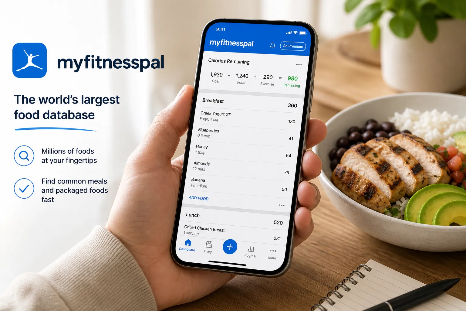 Hand holding a phone showing the MyFitnessPal calorie tracking app beside a bowl of grilled chicken and rice.