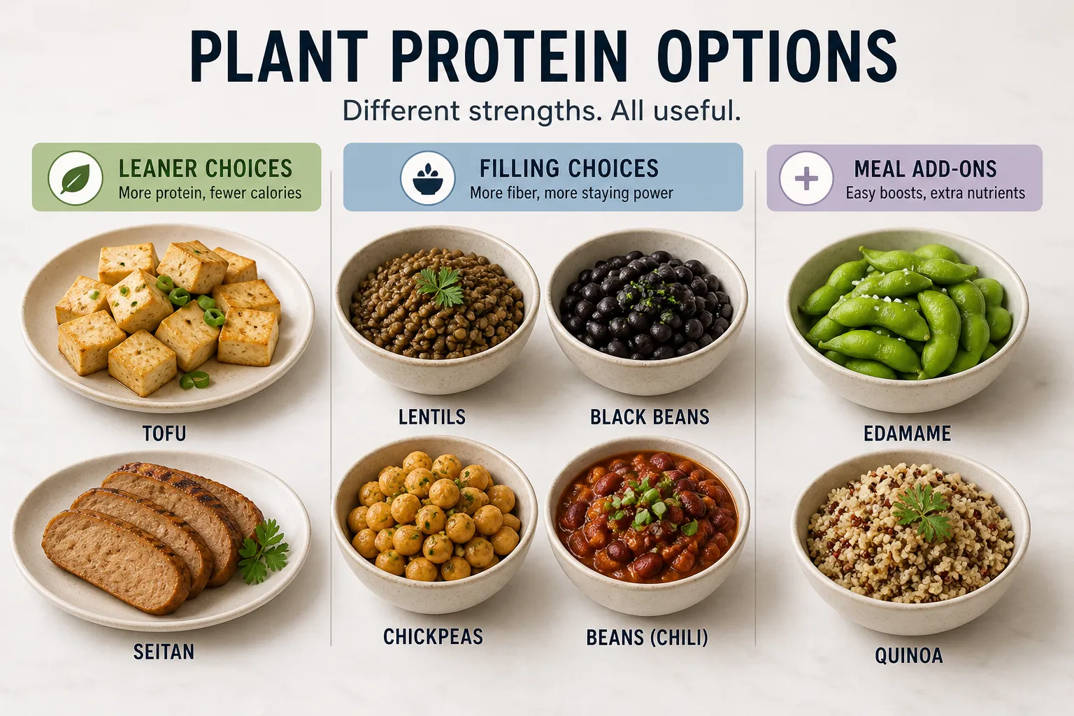 Plant protein options infographic Infographic of plant protein options showing tofu, seitan, lentils, black beans, chickpeas, chili beans, edamame, and quinoa.