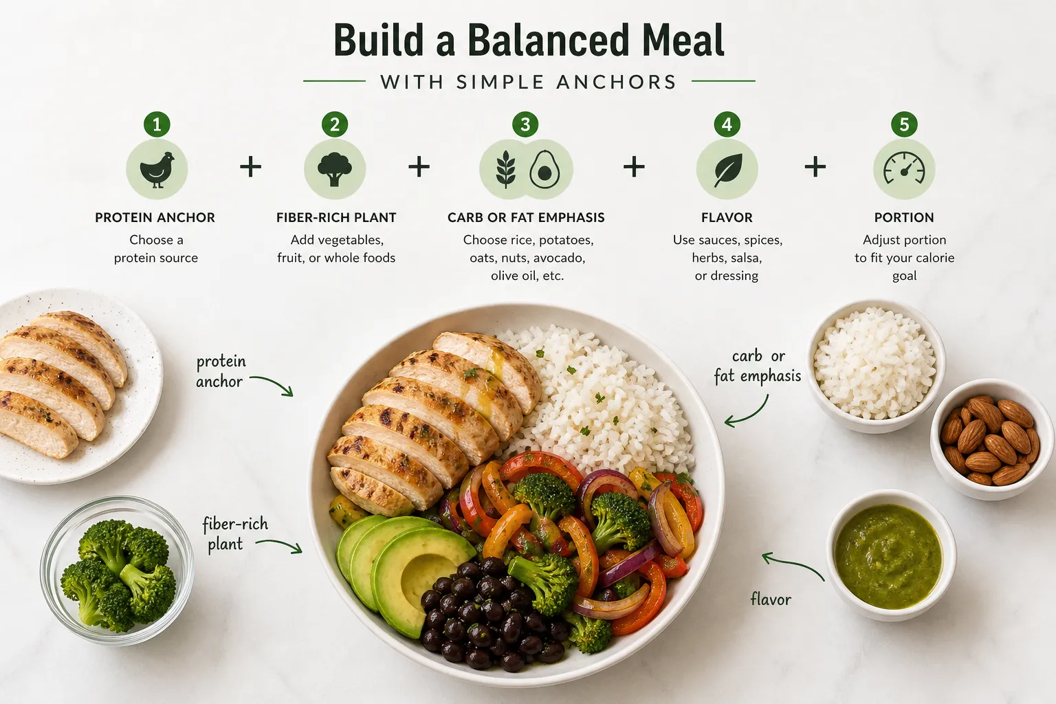 Balanced meal bowl with simple food anchors Infographic showing a balanced meal bowl with chicken, rice, vegetables, avocado, beans, and sauce.