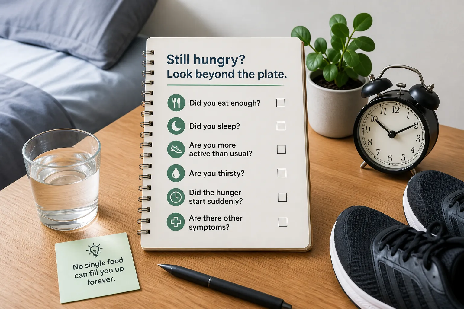 Notebook listing questions about hunger beside a glass of water, alarm clock, plant, and running shoes