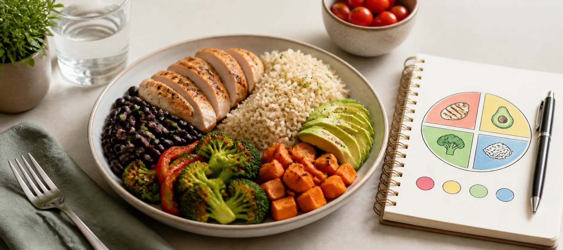 Plate with sliced chicken, rice, black beans, avocado, broccoli, and roasted sweet potatoes beside a macro food sketchbook.