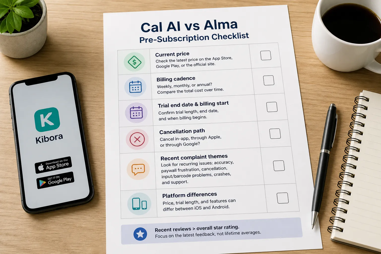 Cal AI vs Alma subscription checklist on a desk Printed Cal AI vs Alma pre-subscription checklist beside a phone, coffee cup, and notebook on a desk