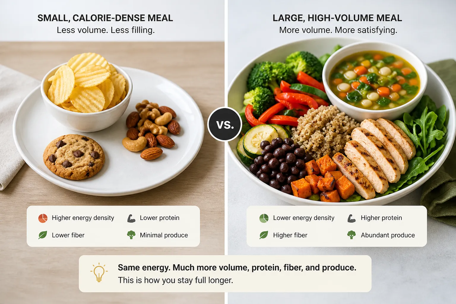Side-by-side comparison of a small snack plate and a large bowl meal with vegetables, grains, beans, chicken, and soup