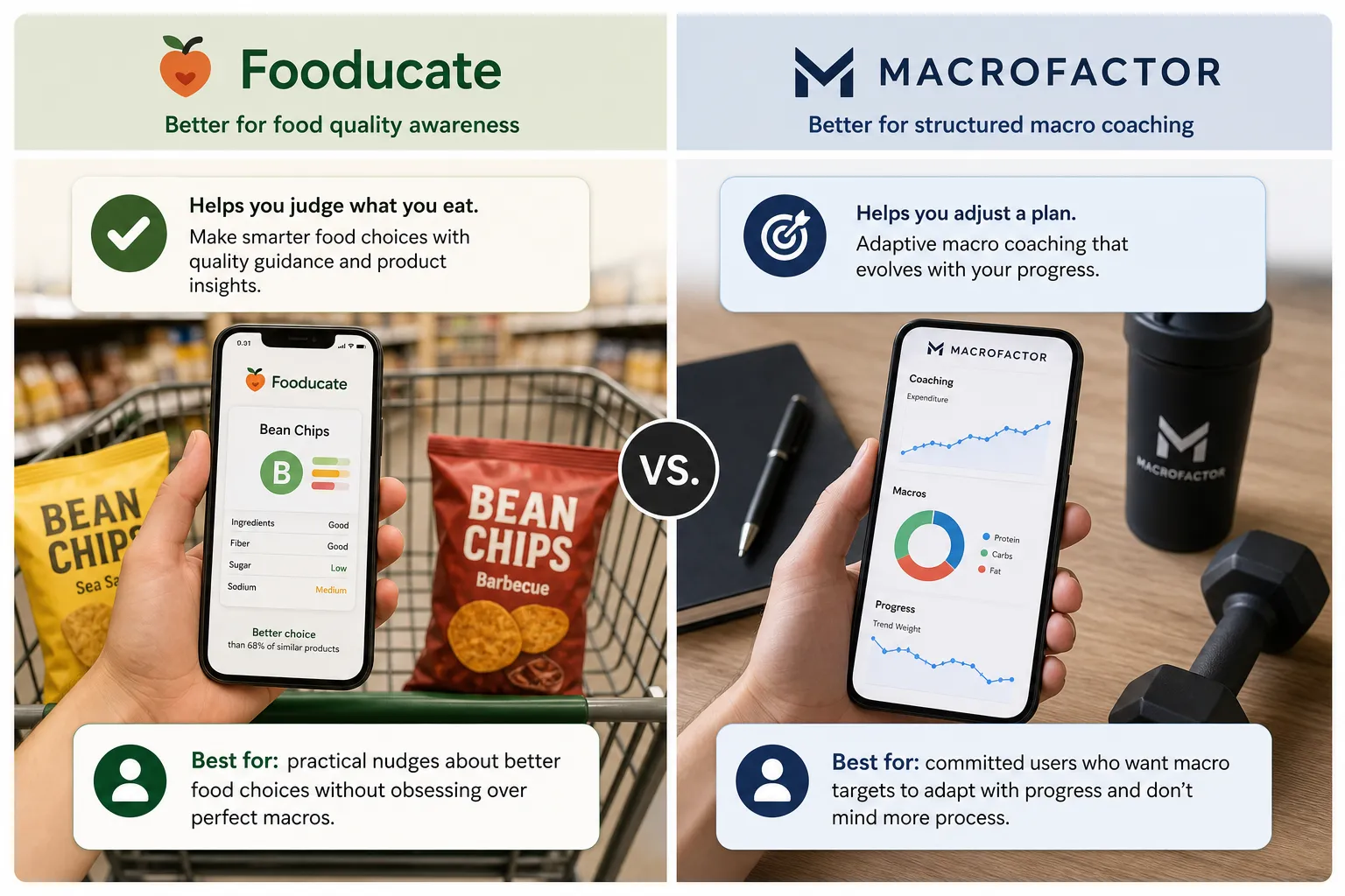 Side-by-side comparison of Fooducate and MacroFactor apps shown on two phones.