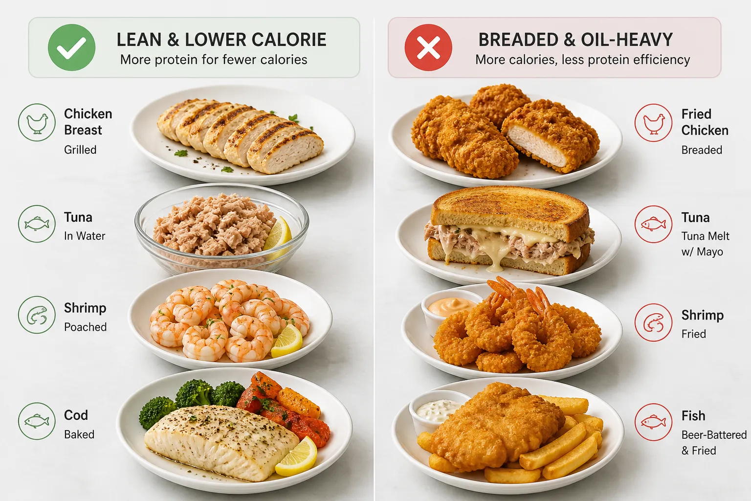 Lean meats and seafood compared with fried versions Side-by-side comparison of lean grilled meats and seafood versus breaded fried versions.
