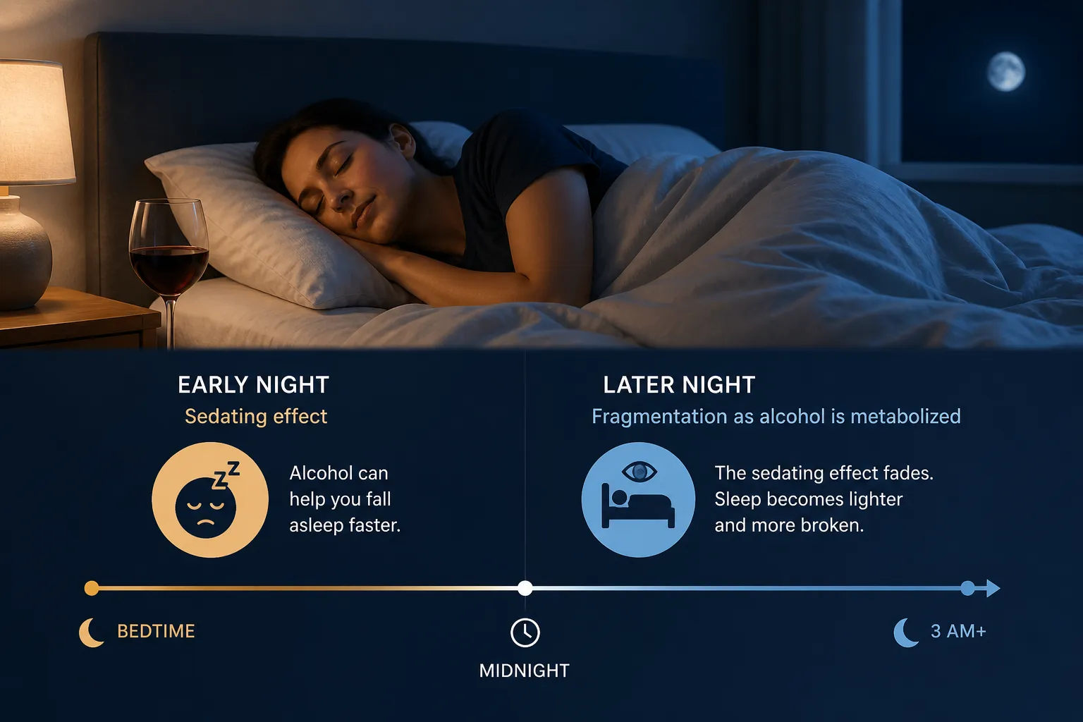 Woman sleeping beside a glass of wine with sleep chart Sleeping woman in bed beside a glass of red wine, with a chart about alcohol and sleep stages below.