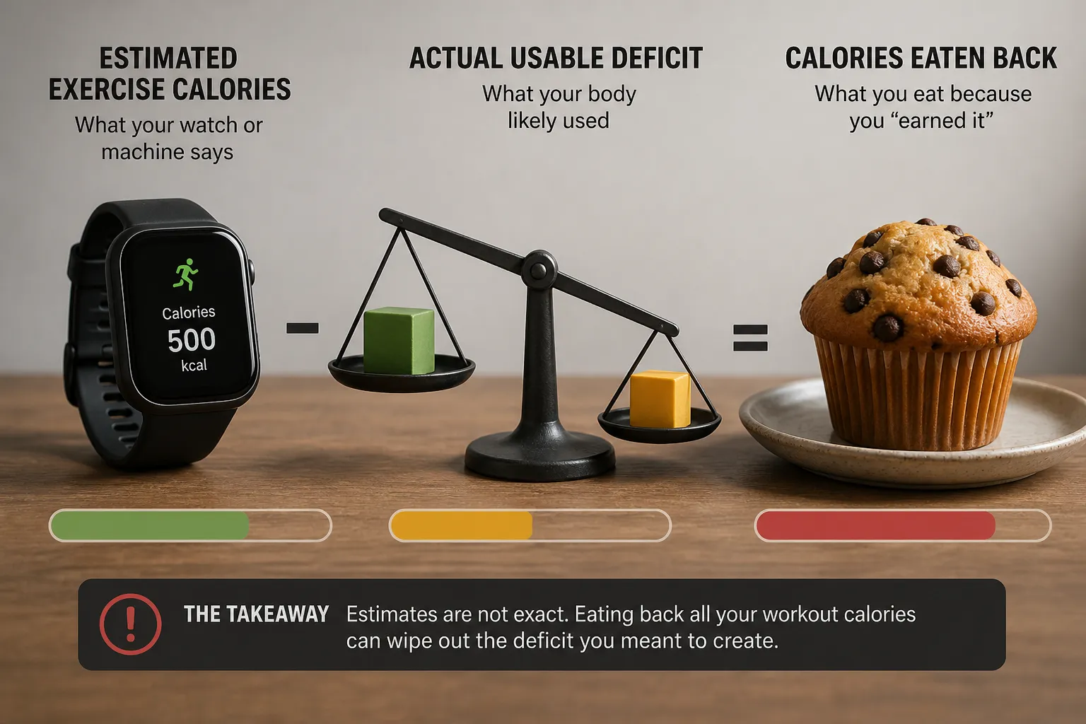 Exercise calories versus deficit and calories eaten back Smartwatch showing 500 kcal, a balance scale, and a muffin with labels comparing exercise calories and deficit.