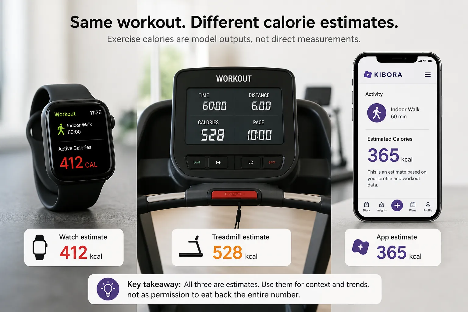 Smartwatch, treadmill, and phone screens show different calorie estimates for the same workout.
