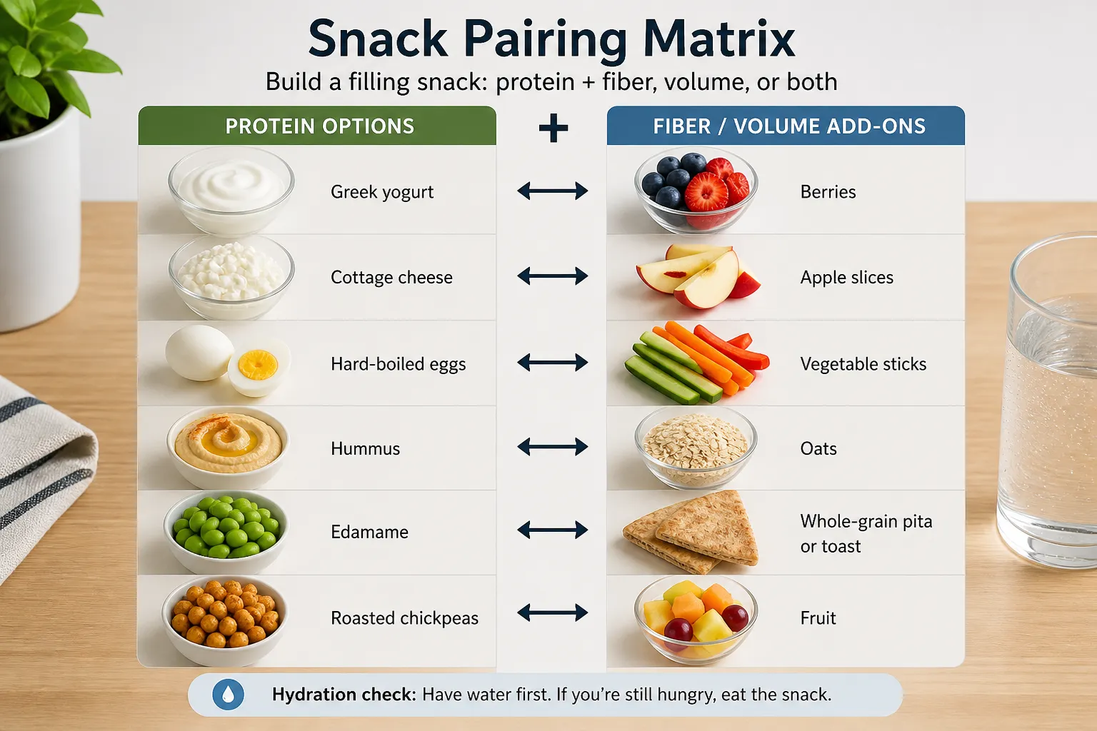 Snack pairing matrix showing protein options matched with fiber add-ons like berries and apple slices.