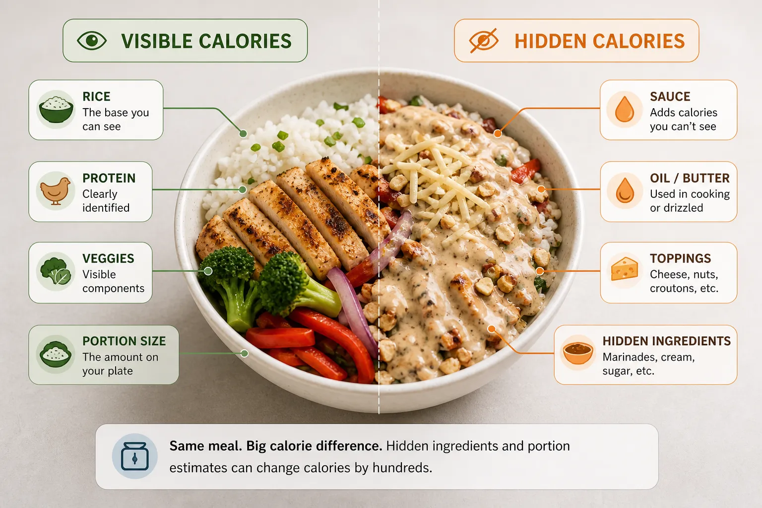 Split meal bowl showing visible and hidden calories Split bowl showing visible calories on left and hidden calories on right, with food labels around it