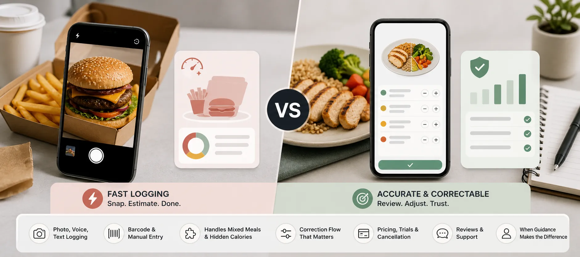 Split comparison graphic showing a burger photo log versus a corrected meal tracking screen.