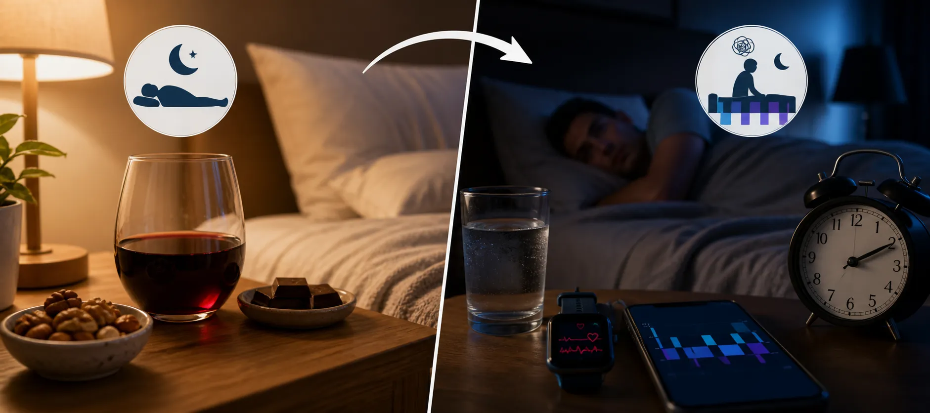 Split image of a wine glass by a bed at night and a restless person in bed with an alarm clock