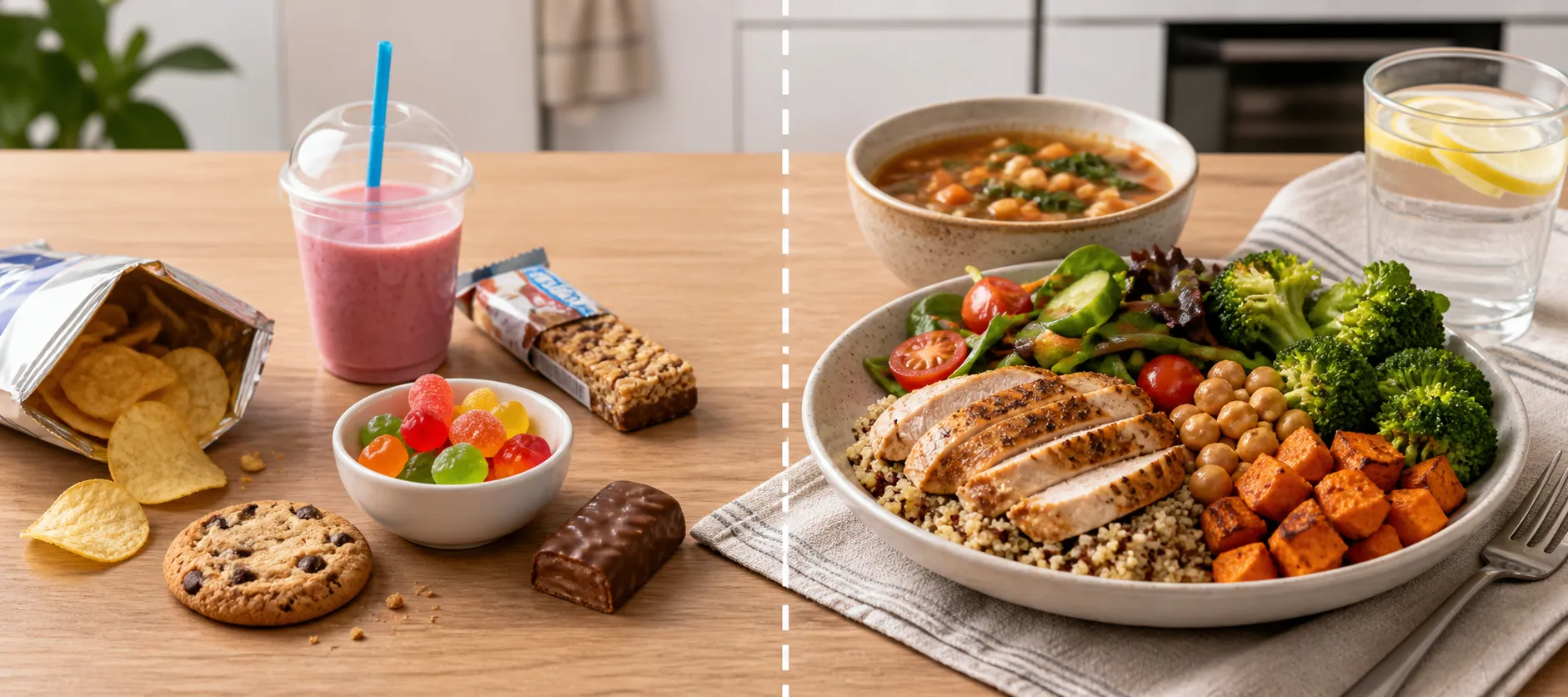 Split-screen table with snacks on one side and a chicken grain bowl with vegetables on the other.