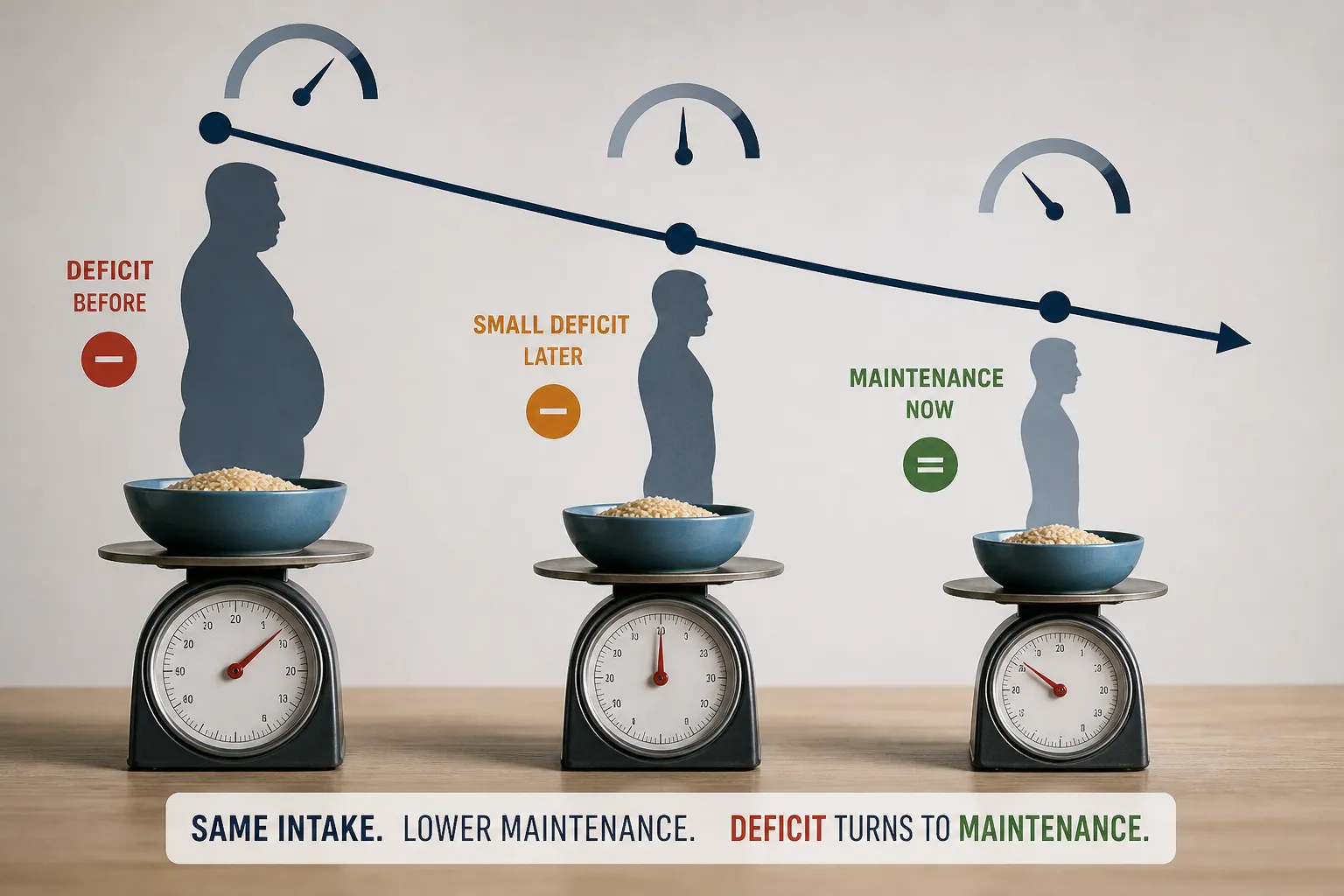 Food bowls on scales showing deficit changing to maintenance Three food bowls on scales under silhouettes labeled deficit before, small deficit later, and maintenance now.