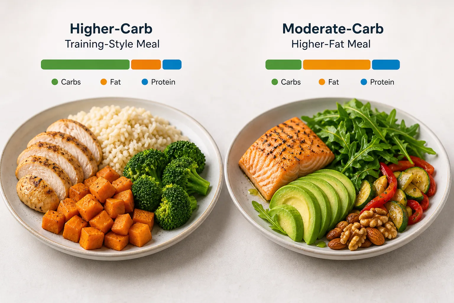 Higher-carb and moderate-carb meal plates Two plated meals labeled higher-carb and moderate-carb with colored macro bars.