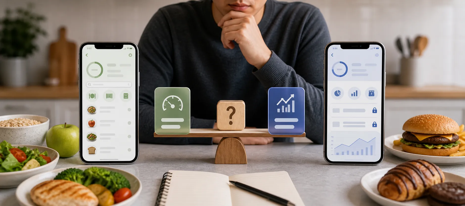 Two smartphones flank a balance scale beside food, with a person thinking in the background.